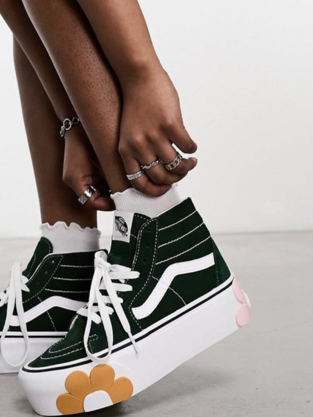 Vans Dark Green High-Top Platform Sneakers with White Stripe and Flower Accent